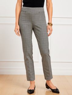 Our favorite wear-everywhere, Talbots Chatham Slim Ankle Pants in a timeless glen plaid pattern. This classic cut is always elegant, with its smoothing side zip closure. Features front and back welt pockets. Cotton bi-stretch fabric offers comfort and versatility. Features Slim Leg Hits At Waist Ankle Length Side zip closure Front and Back Welt Pockets Imported Fit: Misses: 29"; Petite: 26 1/2" Material: 54% Cotton, 37% Rayon, 9% Spandex Care: Machine Wash Cold; Only Non-Chlorine Bleach When Nee Elegant Plaid Pants For Workwear, Classic Plaid Pants For Workwear, Elegant Plaid Pants For Business Casual, Elegant Plaid Business Casual Pants, Classic Plaid Pants For Business Casual, Classic Plaid Business Casual Pants, Elegant Tailored Plaid Bottoms, Elegant Plaid Pants For Office, Elegant Fitted Plaid Bottoms