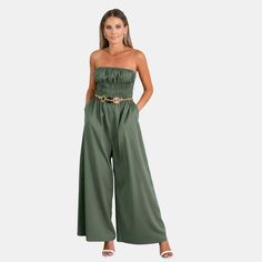 The Olive Green Smocked Waist Wide Leg Jumpsuit is a stunning piece that can transition from casual to more formal occasions, making it an essential and versatile wardrobe item. Product code: CAA13E4A091RR Spring Vacation Strapless Jumpsuit With Smocked Bodice, Green Smocked Back Jumpsuits For Spring, Green Smocked Back Jumpsuit For Summer, Summer Casual Strapless Jumpsuit With Smocked Back, Solid Smocked Bodice Jumpsuits And Rompers For Spring, Solid Smocked Bodice Jumpsuits For Spring, Casual Strapless Jumpsuit With Smocked Back For Summer, Smocked Bodice Jumpsuits And Rompers For Spring, Chic Jumpsuit With Smocked Bodice For Day Out