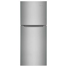 a silver refrigerator freezer sitting on top of a white wall