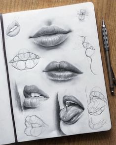 an open notebook with pencil drawings of different lips