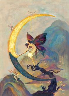 a painting of a fairy sitting on the moon with stars in her hair and holding a wand