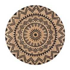 a black and white circular rug with an intricate design in the center on a white background