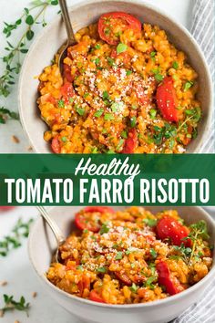 two bowls filled with healthy tomato farro risotto