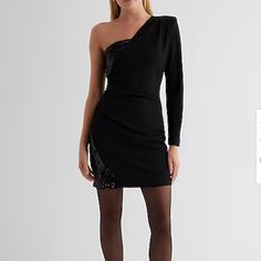 An Elevated Party Dress With A Strong Shoulder, Flirty One Shoulder Neckline, And A Shiny Sequin Detail. Style With Your Favorite Heels And Make A Statement When You Walk Into The Room. Holiday Bodycon Sheath Dress, Sheath Bodycon Dress For Holiday, Formal Sequin Sheath Bodycon Dress, Chic Sheath Sequin Dress, Glamorous Sheath Bodycon Dress For Cocktail, Fall Evening Bodycon Mini Dress, Holiday Cocktail Mini Bodycon Dress, Dressy Sheath Bodycon Evening Dress, Dressy Sheath Mini Dress For Cocktail