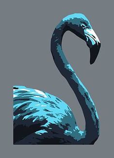 a black and blue flamingo standing in front of a gray background