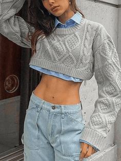 Cable Knit Cropped Sweater - AnotherChill Crop Top Styles, Sweater Streetwear, Beige Pullover, Oversize Pullover, Cropped Pullover, Legging Sport, Streetwear Y2k, Pullover Sweater Women, Beige Sweater