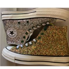 Nwob W/ Tag Converse Chuck High Top X J.W. Anderson Glitter Pack - Gold / Silver Multicolor Double Lace Color, Logo And Glitter Accent, Made In Vietnam 164696c, Made In Vietnam, Upper Synthetic, Lining Textile, Outsole Rubber, Unisex Size M 10.5 / W 12.5, Sneaker Casual High-top Sparkling Sneakers, Casual Sparkling High-top Sneakers, Casual Sequin Sneakers With Round Toe, High-top Glitter Print Sneakers For Party, High-top Glitter Print Party Sneakers, High-top Glitter Sneakers For Party, Party High-top Sneakers With Glitter Print, Glitter High-top Party Sneakers, Casual Glitter Converse Sneakers