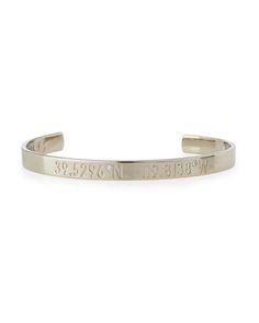 Coordinates Collection engravable bangle. Brass plated in silver, 14-karat gold, or 14-karat rose gold. Coordinates may be customized. Submit address to vendor who will turn into coordinates for the customized bangle. Punctuated by round white diamonds. 0.003 total diamond carat weight. Approx. 2.3" diameter. Approx. 6mm wide. Opening for slip-on style. Made in USA. Engraved Bangle Bracelet, Engraved Bangle, Diamond Bangle Bracelet, Latest Bracelets, Diamond Bangles Bracelet, Bracelets Gold Diamond, Diamond Bangle, Gold Bangle Bracelet, Silver Bangle Bracelets