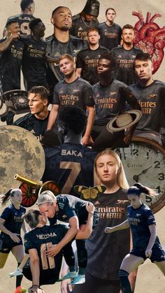 a collage of people in sports uniforms with clocks on the wall behind them and an image of basketball players