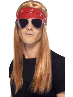 a man with long blonde hair wearing sunglasses and a bandanna around his head is looking at the camera