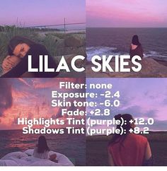 there are four different pictures with the words lilac skies above them and below it