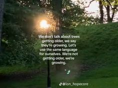 the sun shining through trees with a quote from delon hopecote on it that says we don't talk about trees getting older, we say they're growing