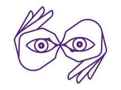 an image of two people with eyes drawn on them in purple lines, one is holding the other's hand