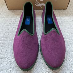 French Brand Chatelles, Purple Furlane Loafers With Dark Green Trim. Size 39. Excellent Condition, Never Worn. Casual Closed Toe Loafers For Galas, Casual Closed Toe Loafers, Flat Slip-ons For Galas, Dark Green Trim, Tory Burch Slides, Brown Ballet Flats, Lace Up Ballet Flats, Flats Shoes Comfortable, Sperry Boat Shoes