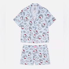 This Classic Short-Sleeve Pj Set: One You'll Want To Get Your Hands On 1 Button Up Top 1 Elastic Shorts Size Medium Light Blue Hello Kitty, Primark Pyjamas, Primark Shorts, Blue Hello Kitty, Hello Kitty Shirt, Accessories Hello Kitty, Shorts Pajamas, Hello Kitty Bow, Hello Kitty Jewelry