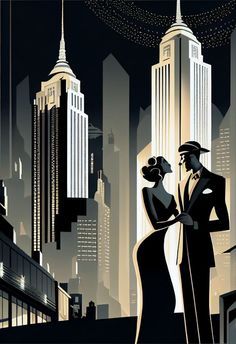 a man and woman dressed in black are standing near the empire building