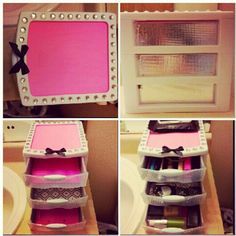 Cheap sterillite organization drawers, spruced up for makeup storage! #diy Makeup Storage Diy, Diy Makeup Storage Organizers, Hanging Makeup Organizer, Diy Organizers, Diy Makeup Storage, Makeup Organization Diy, Makeup Room Decor, Diy Vanity, Makeup Bag Organization