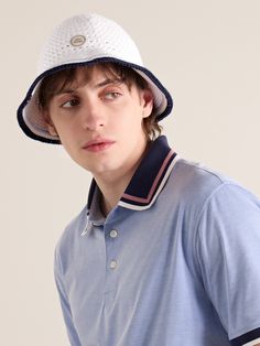 DESIGNED BY MR PORTER. Mr P. and G/FORE have joined forces to create the ultimate collection of elevated golf kit. , This bucket hat is crocheted from lightweight, breathable cotton and features tonal-blue stripes tracing the brim , Detailed with a co-branded, rubberised logo appliqué Cotton Bucket Hat, Bucket Hat White, Mr P, Mens Bucket Hats, White Shoes Sneakers, Ralph Lauren Shop, Luxury Sneakers, Classic Sneakers, Derby Shoes