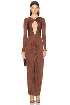 Find ATLEIN Cut Out Ruched Gown In Brown on Editorialist. Atlein Cut Out Ruched Gown in Brown 100% viscose. Made in France. Dry clean. Unlined. Hidden back zipper closure. Front ruching detail. ATLF-WD10. RA07. About the designer: Silk Ruched Maxi Dress For Dinner, Fitted Ruched Maxi Dress For Dinner, Fitted Ruched Draped Maxi Dress, Fitted Pre-draped Ruched Maxi Dress, Ruched Pre-draped Maxi Dress, Ruched Gown, Bronze Dress, Plunging Neck Dress, Brown Outfit