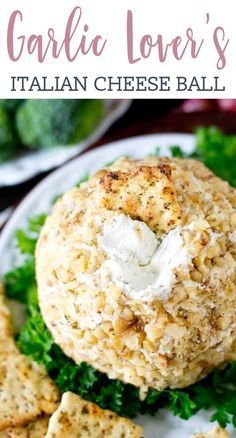 garlic lover's italian cheese ball on a plate with parsley and broccoli