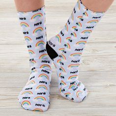 Personalized with any name and choice of color Kid, unisex crew sockFits kids' shoe size 11-4Cuff measures .75"Overall sock measures 10.75"L x 3"WPolyester/SpandexHeel of sock is black Machine washImported Give a totally unique pair of socks with our Rainbow Personalized Kids Socks. Featuring a colorful rainbow design, this pair of socks can add an eye-catching detail to any outfit. Coloring For Boys, Kids Socks, Rainbow Design, Exercise For Kids, Polyester Spandex, Personalised Kids, Crew Socks, Boy Or Girl, Socks