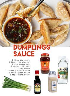 the ingredients for dumplings sauce on a white plate with text overlay that says dumplings sauce