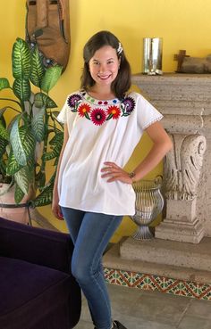 "Mexican floral embroidery blouse, with beautiful multicor embroidery, embroidered blouse to the front and back, fresh blanket blouse, ethnic blouse. This blouse is one size and fits M/L The embroideries of each blouse are unique so they may vary Mexican textile art has centuries of history and creativity throughout the country. Mexico is recognized as one of the leading countries with a beautiful aristic production in the textile world, miraculous hands of talented artisans from different state Folk Style Embroidered Top For Fiesta With Floral Embroidery, Folk Style Embroidered Top With Floral Embroidery For Fiesta, Hippie Cotton Tops With Multicolor Embroidery, Hippie Style Cotton Top With Multicolor Embroidery, Folk Style Floral Embroidered Top For Fiesta, Multicolor Embroidered Tops For Cinco De Mayo Fiesta, Multicolor Cotton Tops For Cinco De Mayo, Cinco De Mayo Multicolor Cotton Tops, Folk Multicolor Embroidered Tops For Cinco De Mayo