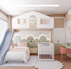 a child's bedroom with a slide in the middle