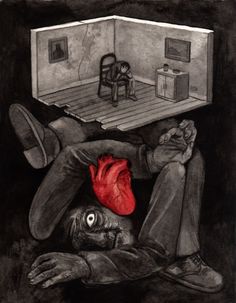 a drawing of a man laying on the ground next to a heart in his lap