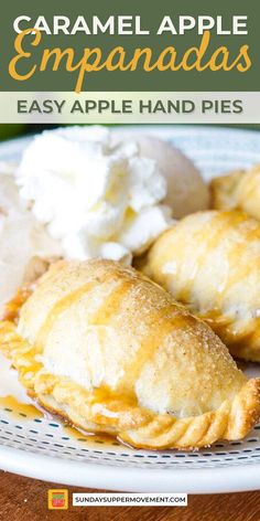 caramel apple empanadas on a plate with whipped cream