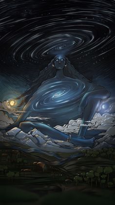 a painting of a person sitting on top of a mountain under a night sky