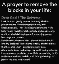 Blockage Remover Affirmations, Karmic Cleansing Spell, Prayer To Remove Blockage, Blockage Removal Spell, Spiritual Blockage, Invocation Prayer, Manifestation Prayer, Healing Prayer, Spiritual Prayers