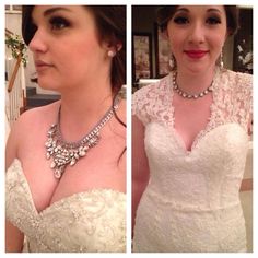 two pictures of a woman in a wedding dress and wearing necklaces on her neck