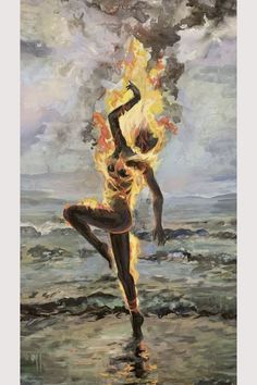 a painting of a woman on fire in the ocean