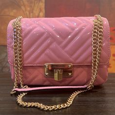 Nwt Michael Kors Pink With Gold Hardware Faux Patent Leather Handbag Elegant Quilted Pink Bag, Pink Quilted Leather Bag, Chic Pink Quilted Shoulder Bag, Micheal Kors Handbag, Navy Blue Bag, Purple Purse, Patent Leather Handbags, Bags Michael Kors, Michael Kors Shoulder Bag