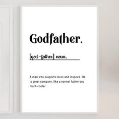 a poster with the words godfather on it next to a white wall in a room