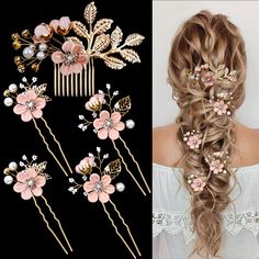 PRICES MAY VARY. 【More Combinations】You will receive 5 pieces hair pins in 3 different shapes, liberal quantity can meet your requirements as much as possible and different shapes can be matched for various hair style on different occasion. You can stick on your hair with different combinations as you liked and define your own beauty！ 【Sturdy Material】Bridal Wedding Hair Pins Combs Clips is made of high quality alloy with rhinestones, plump smooth pearl and aesthetic fake petal, which make it mo Prom Hairdos, Wedding Hair Pins Crystal, Gold Hair Accessories Wedding, Bridal Wedding Flowers, Flower Wedding Hair, Pink Flower Hair, Prom Hairstyle, Bridal Headwear, Party Hair Accessories