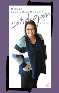 a woman wearing glasses is standing in front of a cardigan