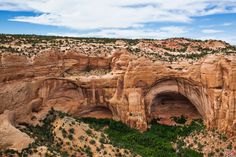 an aerial view of the canyons and caves in the desert, with trees growing out of them