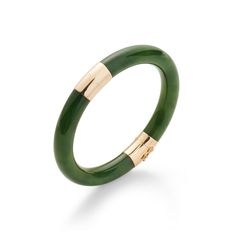 Gump's Signature Green Nephrite Jade & Gold Hinged Bangle Luxury Green Jewelry With Polished Finish, Modern Yellow Gold Jade Jewelry, Classic Polished Jade Jewelry, Classic Jade Jewelry, Polished Yellow Gold Jade Jewelry, Formal Jade Bangle Jewelry, Luxury Jade Bracelets For Formal Occasions, Luxury Jade Jewelry, Luxury Formal Jade Bracelets