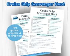 two cruise ship scavenger hunt printables with the text cruise scavenger hunt