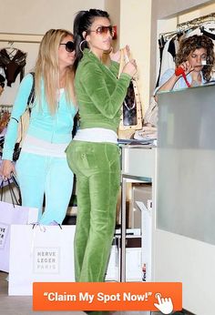 two women standing in front of a tv wearing matching outfits and holding shopping bags,