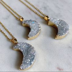 Smoky White Druzy Moon Pendant Electroplated In 18k Gold Necklace Is 18k Gold, Length Is 16" Sliver Necklace, Lariat Style Necklace, Pearl Charm Necklace, Goth Necklace, Beautiful Gold Necklaces, Ear Ring, 18k Gold Necklace, Toggle Necklace, Long Beaded Necklace