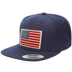 Flexfit USA American Flag Embroidered Patch Flat Bill Snapback Cap - Choose Your Color Navy Cotton Hat With Logo Patch, Navy Baseball Cap With Logo Patch And Curved Bill, Navy Baseball Cap With Logo Patch, Cotton Hat With Logo Patch And Flat Brim, Flat Brim Cotton Hat With Logo Patch, Casual Flat Brim Baseball Cap Made In Usa, Trucker Cotton Baseball Cap With Embroidered Logo, Trucker Style Cotton Baseball Cap With Embroidered Logo, Cotton Trucker Cap With Embroidered Logo