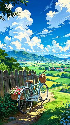 a painting of a bicycle parked next to a wooden fence in the grass and flowers