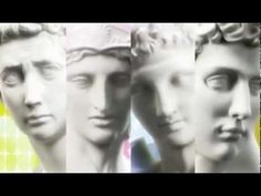 the four heads of three different types of statues are shown in this artistic photo, which appears to be collaged together