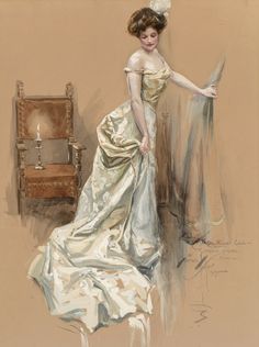 a painting of a woman in a dress leaning against a chair with a candle on it