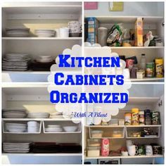 the kitchen cabinets are organized with white dishes