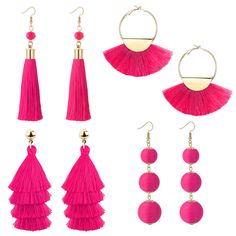 PRICES MAY VARY. 4 PAIRS TASSEL EARRING SET：Tiered tassel earring,ball dangle earrings, fan shape tassel earrings and long tassel earrings, this bohemian tassel earrings set will be the most street style and win more compliments for you. HOT PINK TASSEL EARRING SET: 4Pairs different designs white tassel earrings come as a set, you could choose your style to be the focus, light as feather, more comfortable for wearing,popular with women. A stylish accessory which shows your charm. MATERIAL OF DRO Earrings With Tassels, White Tassel Earrings, Pink Tassel Earrings, Bohemian Handmade, Jewelry Making Earrings, Long Tassel Earrings, White Tassel, Cartilage Earrings Hoop, Beaded Tassel Earrings