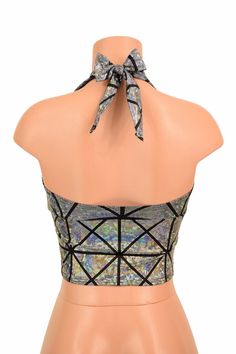 "This item is made to order, please read all the way through the listing before purchasing! This adorable silver on black cracked tile halter top ties behind the neck and back for a perfect fit! Darted cups, a wide band below the bust, and a gorgeous rainbow sheen! Extra Small: Bust 31\"-32\" / Waist 24\"-25\" / Hips 33\"-35\" Small: Bust 33\"-34\" / Waist 26\"-28\" / Hips 36\"-37\" Medium: Bust 35\"-37\" /Waist 28\"-31\" / Hips 38\"-40\" Large: Bust 39\"-41\" / Waist 32\"-34\"/ Hips 41\"-43\" E Fitted T-back Halter Top For Festival, Adjustable Halter Top For Summer Party, Party Stretch Crop Top With Tie Back, Stretch Crop Top With Tie Back For Party, Black Halter Top For Party With Tie Back, Black Halter Top With Tie Back For Party, Black Tie Back Halter Top For Party, Silver Fitted Sleeveless Halter Top, Fitted Silver Halter Top For Night Out